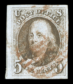 1, 5c Red brown, a truly outstanding used example, possessing especially lavish margins all around, strong rich color (the PSE calls it the brown shade), well defined impression,
light red circular grid cancel, extremely fine a particularly han