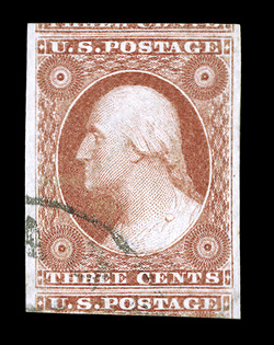 11 var., 3c Rose red, a striking used single, featuring huge margins all around including significant portions of the adjoining stamps at top and bottom, brilliant color in the
distinctive Rose red shade, light face-free town c.d.s., an extremel