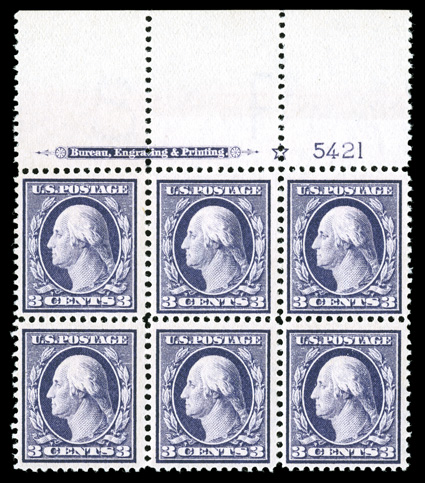 376, 3c Deep violet, Ty. I, handsome full top margin imprint, star and plate no. 5421 block of six, nicely centered, post office fresh and intact, deep rich color, o.g., n.h.,
very fine 2004 PF certificate.