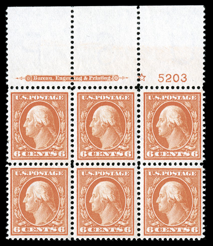 379, 6c Red orange, a gem full top margin imprint, star and plate no. 5203 block of six, featuring numerous eye-arresting physical attributes, including spectacularly intense
and vivid color that is completely devoid of any of the usual oxidizat
