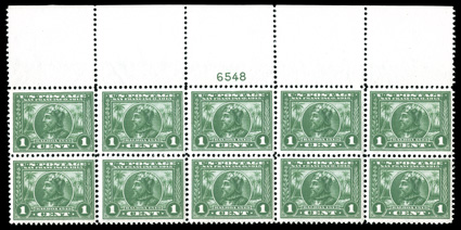 397, 1c Panama-Pacific, striking wide full top margin plate no. 6548 block of ten, wonderfully well centered, especially the plate block itself, rich luxuriant color, post
office fresh and intact, o.g., n.h., bottom center stamp with a perf. dis