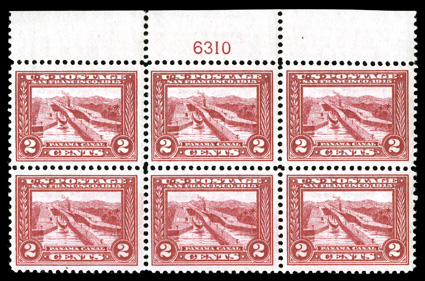 398, 2c Panama-Pacific, top margin plate no. 6310 block of six, attractively centered, deep rich color, o.g., n.h., very fine.