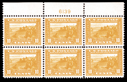 400, 10c Panama-Pacific, orange yellow, handsome top margin plate no. 6139 block of six, attractively centered, radiant rich color on fresh clean paper, o.g., faint trace of
possible hinging, very fine ex-Saddleback.