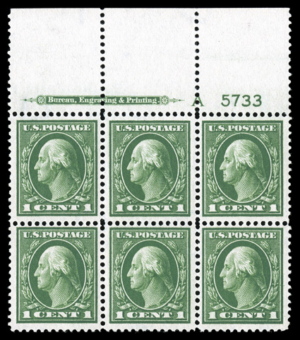405, 1c Green, full top margin imprint, letter A and plate no. 5733 block of six, extraordinarily well centered and margined throughout, deep luxuriant color, o.g., four stamps
n.h., other two very lightly hinged, extremely fine ex-Fogelson