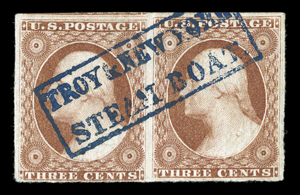 11, 3c Dull red, horizontal pair, huge margins to touching at bottom left, including a bit of the adjacent stamp at top left, cancelled by bold and nearly complete strike of
blue boxed Troy & New YorkSteam Boat handstamp, right stamp with a t