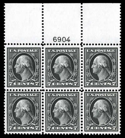 407, 7c Black, a very attractive full top margin plate no. 6904 block of six, unusually well centered for this difficult value, intense color and sharp impression on fresh
white paper, strong and intact, pristine o.g., n.h., very fine and choice