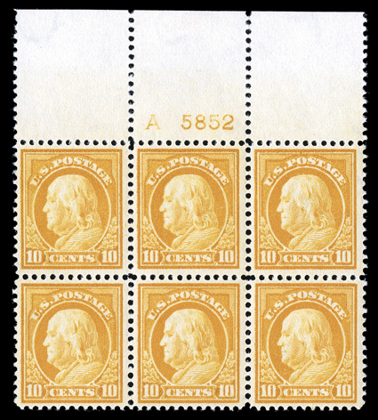416, 10c Orange yellow, lovely full top margin letter A and plate no. 5852 block of six, being an exceptionally handsome example of this scarce plate block, as it features not
only outstanding centering, but its color is incredibly intense as
