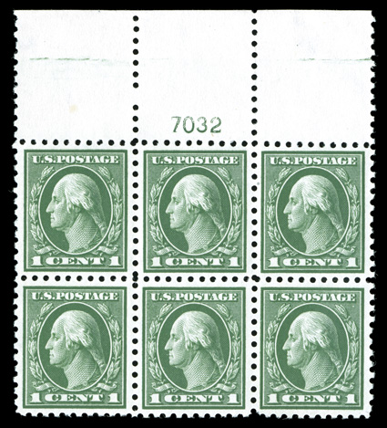 424, 1c Green, a stunning full top margin plate no. 7032 block of six, with each stamp being wonderfully well centered within uncommonly wide margins, deep luxuriant color
contrasted by fresh white paper, o.g., n.h., extremely fine a gem plate