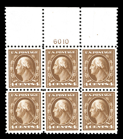 427, 4c Brown, a strikingly handsome full top margin plate no. 6010 block of six, possessing truly outstanding centering within uncharacteristically large margins, sumptuously
rich color on fresh paper, o.g., l.h., the bottom stamps n.h., extrem