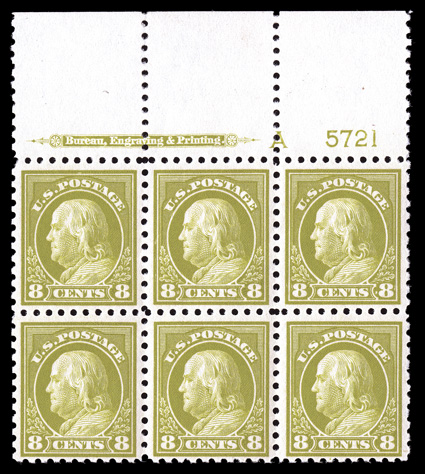 431, 8c Pale olive green, full top margin imprint, letter A and plate no. 5721 block of six, attractively centered, strong color on fresh paper, o.g., bottom center stamp with
barest trace of possible hinging, a few reinforced perfs. in the un