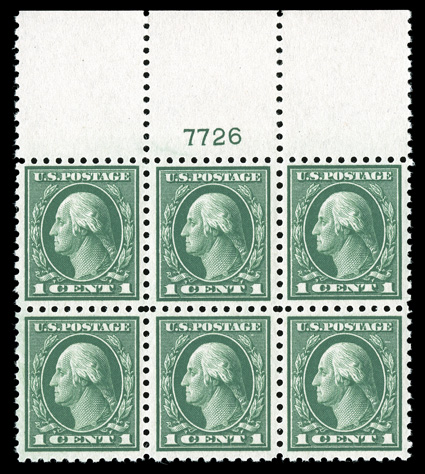 462, 1c Green, select full top margin plate no. 7726 block of six, extraordinarily well centered throughout, luxuriously rich color and a crisp prooflike impression, strong and
intact, unblemished o.g., n.h., an extremely fine gem ex-Fogelson