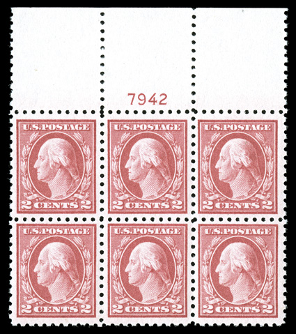 467, 2c Carmine from the 5c Carmine error sheet, magnificent full top margin plate no. 7942 block of six, this being the plate that produced the famous 5c Carmine transfer roll
error, precisely centered amid large margins, wonderfully bright and