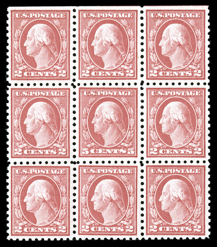 467, 5c Carmine error, single error in the center of a top margin block of nine, exceptionally well centered throughout, with each stamp being beautifully centered within large
margins, bright and fresh, o.g., n.h., extremely fine and choice 20