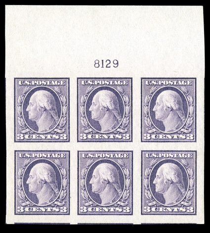 483, 3c Violet imperforate, Ty. I, pristine full top margin plate no. 8129 block of six, boasting lavishly large margins including bits of adjacent stamps, bright and fresh,
o.g., n.h., extremely fine a large-margined gem.