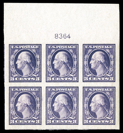 484, 3c Violet imperforate, Ty. II, full top margin plate no. 8364 block of six, featuring a lavishly large sheet selvage, plus the other three margins are huge and well
balanced, especially deep rich color, o.g., n.h., extremely fine a gem pla