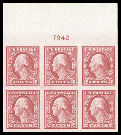 485, 2c Carmine from the 5c Carmine imperforate error sheet, full top margin plate no. 7942 block of six, this being the particular plate that produced the rare 5c Carmine
transfer roll error, wonderfully bright and fresh, large margins, o.g., n