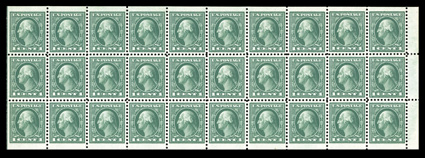 498f, 1c Green A.E.F. booklet pane of thirty, an exceedingly handsome example of this scarce booklet pane, possessing the finest centering and largest margins we have ever
encountered on this, being extraordinarily well centered throughout, with