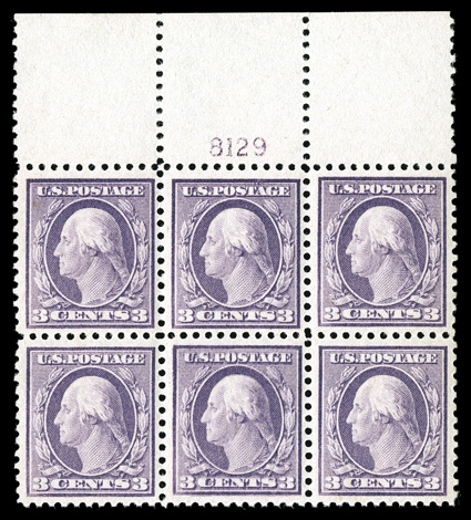 501, 3c Light violet, Ty. I, full top margin plate no. 8129 block of six, exceptionally well centered and margined throughout, bright color, o.g., n.h., owners handstamp on
reverse of bottom center stamp which does not show through, extremely f