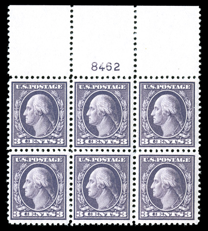 502, 3c Dark violet, Ty. II, highly select full top margin plate no. 8462 block of six, remarkably well centered, deep rich color on fresh paper, crisp and intact, o.g., n.h.,
extremely fine ex-Salzman.