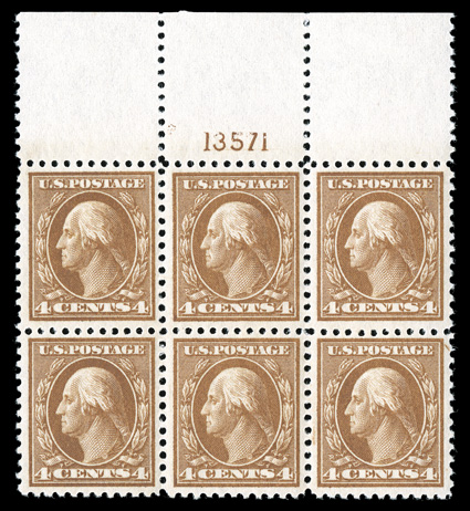 503, 4c Brown, pristine full top margin plate no. 13571 block of six, sumptuously rich color and a crisp detailed impression on fresh paper, marvelously well centered, strong
and intact perforations, immaculate o.g., n.h., extremely fine and qui