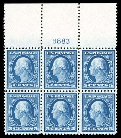 504, 5c Blue, handsome full top margin plate no. 8883 block of six, wonderfully well centered, deep luxuriant color, o.g., very lightly hinged, just a few separated perfs. at
top edge of sheet selvage, extremely fine ex-Fogelson.
