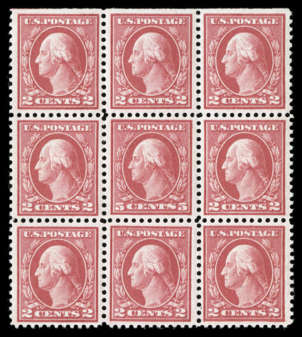 505, 5c Rose error, single error in the center of a top margin block of nine, incredibly well centered throughout, plus its color is especially deep and radiant, pristine o.g.
that is remarkably devoid of the bends and skips so often seen, n.h.,