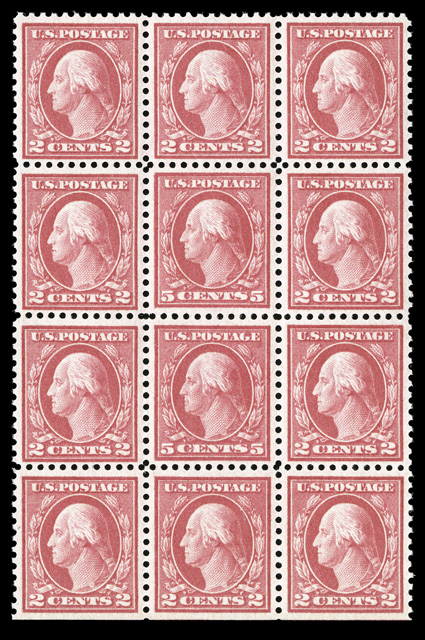 505, 5c Rose error, double error in the center of a bottom margin block of twelve, a marvelous example of this popular error block, being in a quality that is rarely
encountered, with both error stamps extraordinarily well centered and margined,