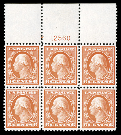 506, 6c Red orange, brilliantly fresh full top margin plate no. 12560 block of six, gorgeous vivid color and an unusually strong impression, fabulously well centered
throughout, crisp and intact, o.g., four stamps n.h., left two stamps barely hi