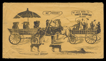 11, 3c Dull red, left interpane margin single (small fault), tied by Geneseo, IllJul 16 balloon style datestamp to cover to Newport, N.Y. with all-over design on reverse for
Yankee Robinsons circus, cover edge wear and tears and flap tear sli