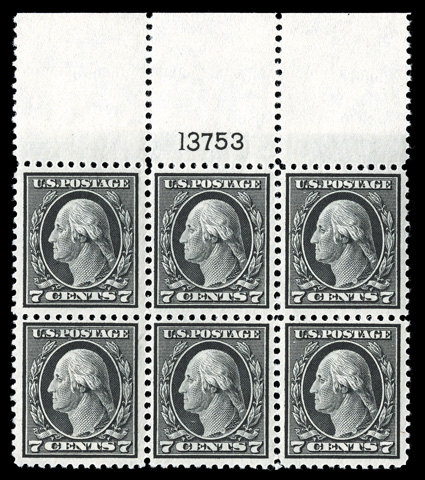 507, 7c Black, select full top margin plate no. 13753 block of six, very well centered for this always difficult value, post office fresh, with strong and intact perforations,
immaculate o.g., n.h., very fine and choice an especially elusive pl