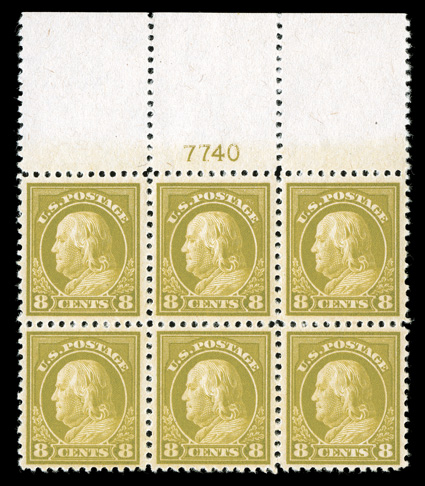 508, 8c Olive bister, full top margin plate no. 7740 block of six, strikingly intense color, outstanding centering throughout, even its sheet selvage is unusually wide, o.g.,
five stamps n.h., top center stamp very lightly hinged, extremely fine