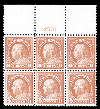 509, 9c Salmon red, top margin plate no. 12570 block of six, wonderfully well centered, strong color and impression on fresh paper, immaculate o.g., n.h., extremely fine
ex-Salzman.
