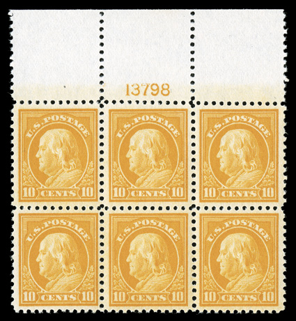 510, 10c Orange yellow, pristine full top margin plate no. 13798 block of six, incredibly fresh, with radiant color on bright white paper, extraordinarily well centered,
unblemished o.g., n.h., couple of trivial perf. separations in top edge of