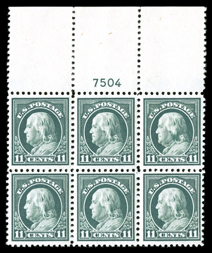 511, 11c Light green, choice extra wide full top margin plate no. 7504 block of six, very well centered, deep luxuriant color, post office fresh and intact, o.g., n.h., choice
very fine.