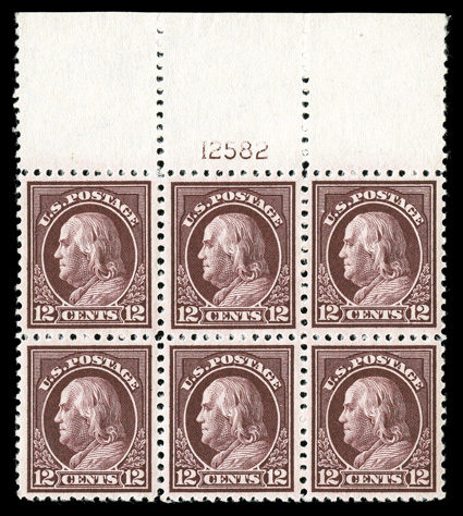 512, 12c Claret brown, gorgeous full top margin plate no. 12582 block of six, possessing incredibly intense color, truly outstanding centering for a plate block, with every
stamp having large well balanced margins, strong perforations, o.g., top