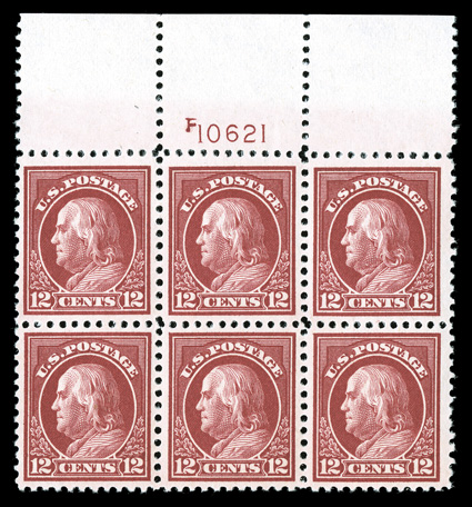 512a, 12c Brown carmine, an especially choice full top margin plate no. 10621 block of six, being incredibly well centered throughout, with each stamp beautifully centered amid
large margins, wonderfully fresh and intact, rich distinctive color,