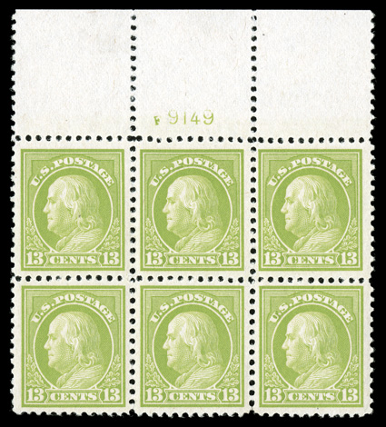 513, 13c Apple green, full top margin plate no. F 9149 block of six, possessing near perfect centering, striking vivid color on especially bright paper, pristine o.g., n.h.,
some separated perforations in right vertical row, extremely fine and q