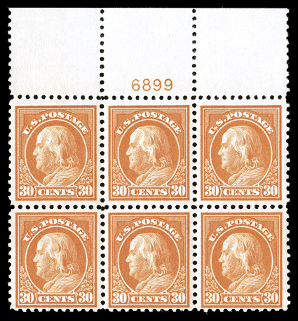 516, 30c Orange red, handsome full top margin plate no. 6899 block of six, with sumptuously rich color on fresh paper, strong and intact perforations, well centered,
unblemished o.g., n.h., very fine ex-Saddleback.