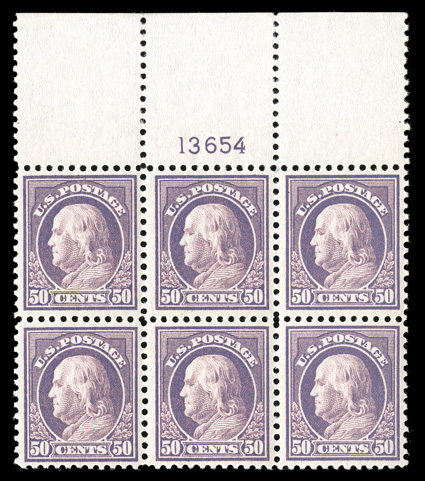 517, 50c Red violet, handsome full top margin plate no. 13654 block of six, extraordinarily fresh and intact, sumptuously rich color and a well incised impression, particularly
well centered, immaculate o.g., n.h., extremely fine and quite choic