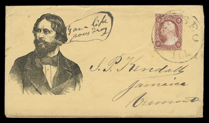 11, 3c Dull red, large margins to touching, tied by Geneseo, Ill.Nov ? balloon style datestamp to Fremont campaign cover to Jamaica, Vermont, with senders comment in bubble Your
like poor Gray (?), very fine.
