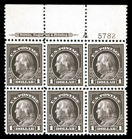 518, $1.00 Violet brown, a beautiful full top margin imprint, letter A and plate no. 5782 block of six, excellent centering, intense color and deeply etched impression on fresh
paper, strong and intact perforations all around, pristine o.g., n