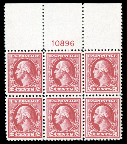 526, 2c Carmine offset, Ty. IV, full top margin plate no. 10896 block of six, virtually perfect centering, intense color, o.g., five stamps n.h., top center stamp lightly
hinged, extremely fine a surprisingly elusive plate block to find in such