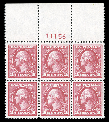 527, 2c Carmine offset, Ty. V, lovely full top margin plate no. 11156 block of six, particularly well centered, bright and fresh, with strong and intact perforations, o.g.,
n.h., extremely fine.