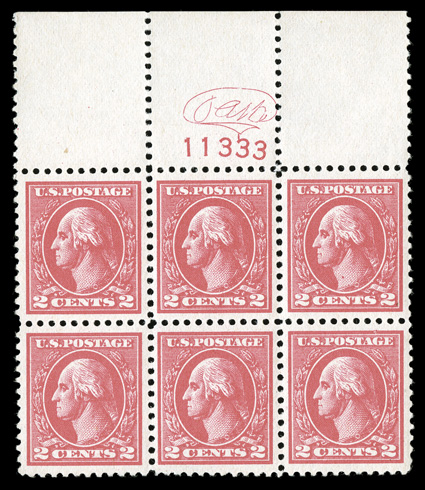 528, 2c Carmine offset, Ty. Va, full top margin monogram and plate no. 11333 block of six, post office fresh and intact, deep luxuriant color and strong impression on
particularly bright paper, extraordinarily well centered and margined througho