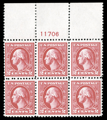 528A, 2c Carmine offset, Ty. VI, fresh full top margin plate no. 11706 block of six, rich color and a sharp impression on marvelously bright paper, exceptionally well centered,
immaculate o.g., n.h., extremely fine a very scarce plate block tha