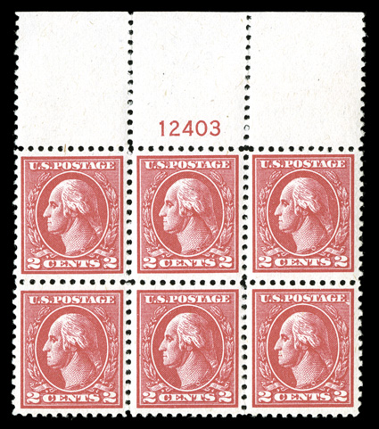 528B, 2c Carmine offset, Ty. VII, an especially handsome and choice full top margin plate no. 12403 block of six, exquisitely centered, post office fresh and intact with
intense color, immaculate o.g., n.h., extremely fine quite scarce in such