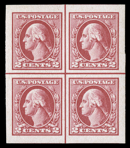 532, 2c Carmine rose offset imperforate, Ty. IV, a superb center line block of four, boasting extravagantly wide even margins all around, incredibly fresh and crisp, immaculate
o.g., n.h., an extremely fine gem.