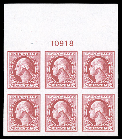 532, 2c Carmine rose offset imperforate, Ty. IV, premium quality full top margin plate no. 10918 block of six, featuring lavishly large even margins all around, deep rich color
on crisp while paper, pristine o.g., n.h., an extremely fine gem.