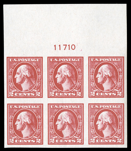 534A, 2c Carmine offset imperforate, Ty. VI, gem full top margin plate no. 11710 block of six, brilliantly fresh and crisp, intensely rich color, uniformly large margins,
pristine o.g., stamps n.h., faint trace of a hinge mark in the selvage, ex
