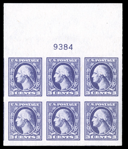 535, 3c Violet offset imperforate, Ty. IV, pristine full top margin plate no. 9384 block of six, with lavishly large even margins all around, including a bit of the adjacent
stamps at left, deep rich color on crisp white paper that is completely